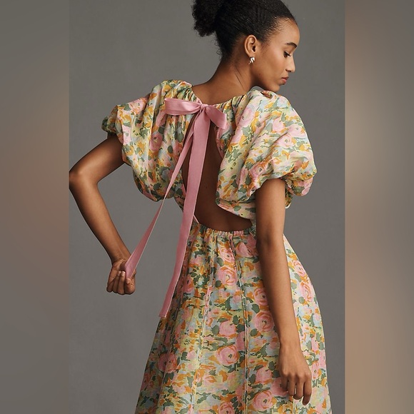 Anthropologie Lovaan Lorna Puff-Sleeve V-Neck Linen-Silk Maxi Dress US6 NWT - Picture 4 of 10